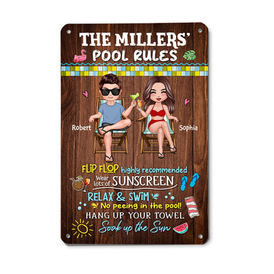 Family Pool Rule Sign Couple Wood Effect Personalized Metal Sign
