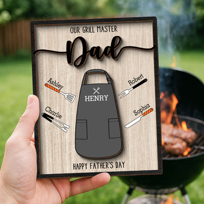 Our Grill Master Apron And Tools With Kids' Names Personalized 2-Layer Wooden Plaque, Father's Day Gift For Husband, For Dad, For Grandpa