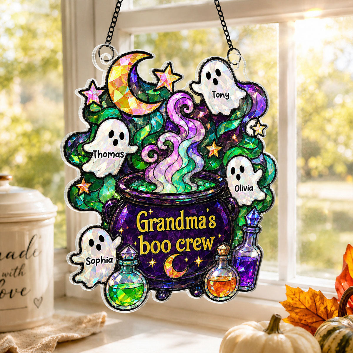 Mysterical Grandma's Boo Crew Cauldron - Personalized Window Hanging - Halloween Decoration For Grandma