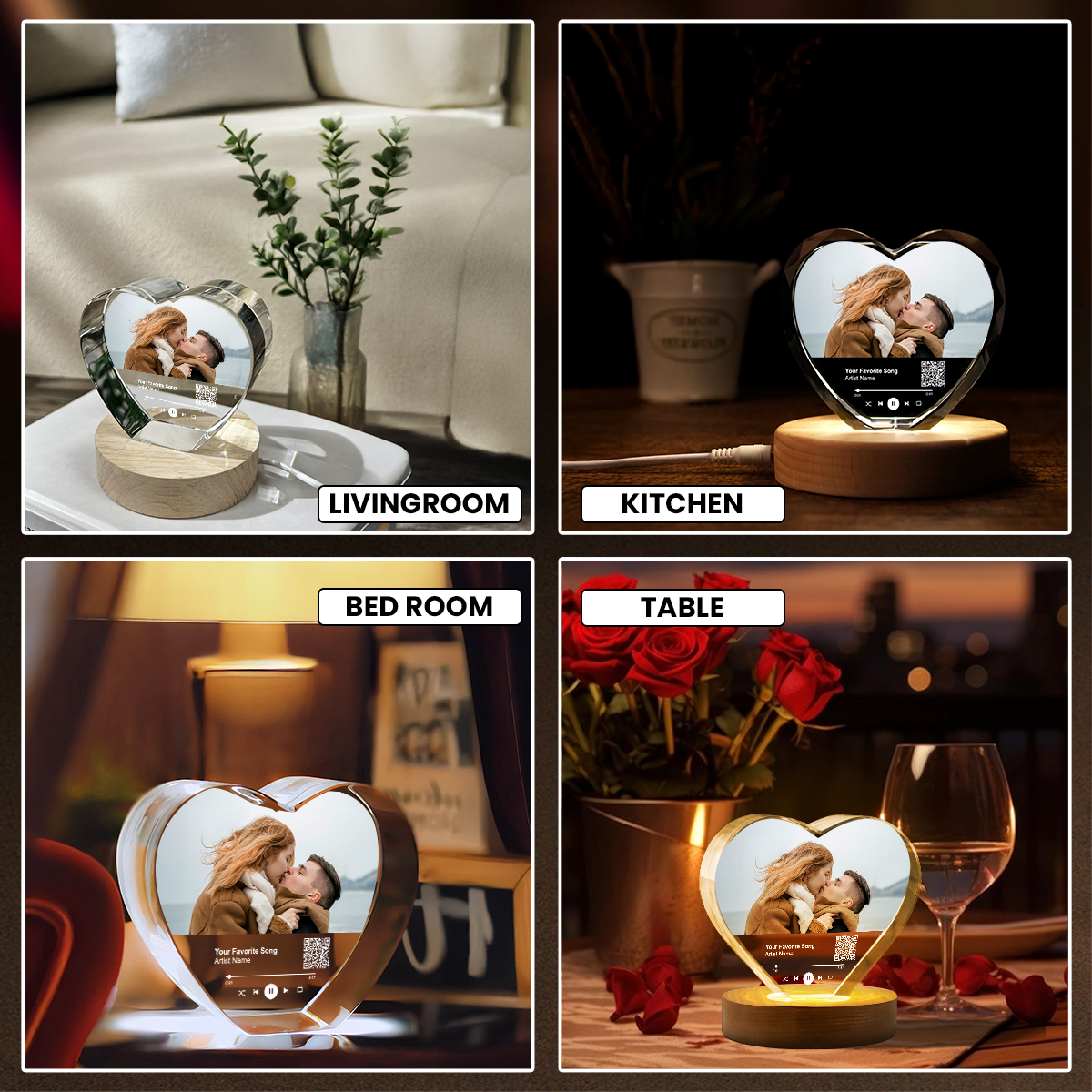 Personalized Music Photo Crystal Heart LED, Valentines Gift, Music Love Gift, Gift for Him, for Her, Free Shipping Included