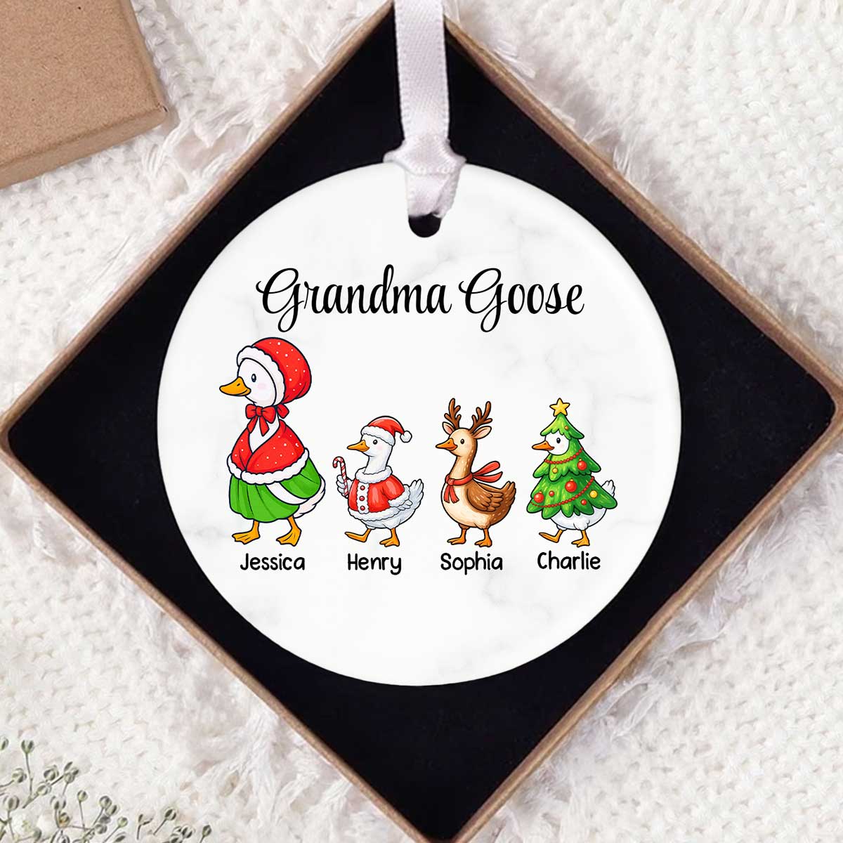 Cute Grandma Goose And Kids Personalized Circle Ceramic Ornament