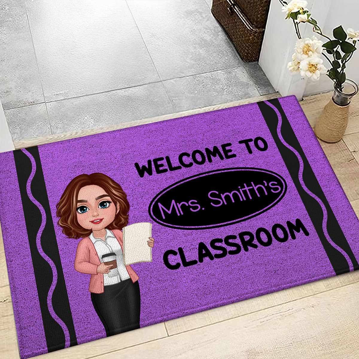 Welcome To Teacher Classroom Crayon Patter - Personalized Doormat - Back To School Gift, Classroom Decoration