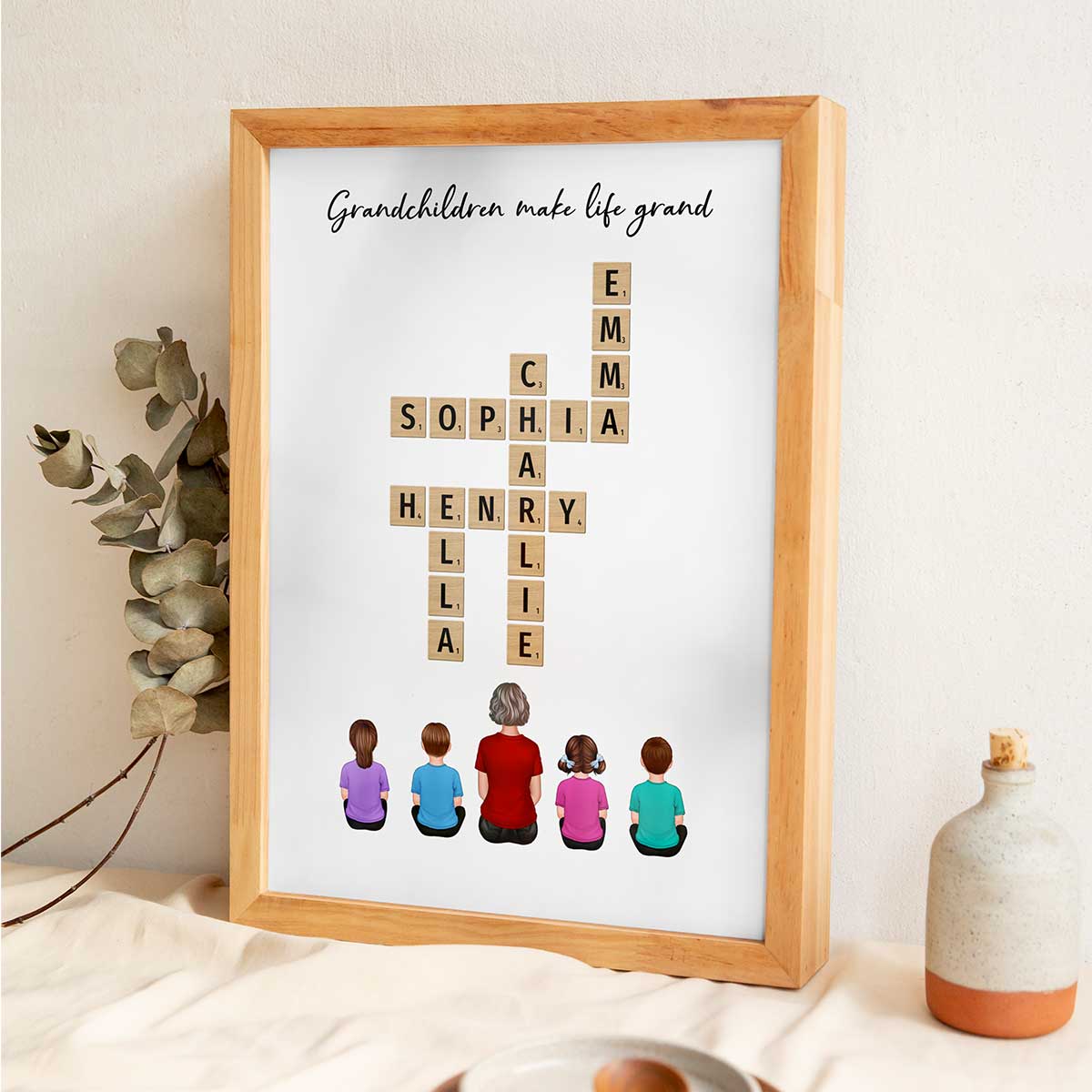 Our Grandchildren Names In Crossword Unique Gift For Grandma Grandpa Grandparents Back View Sitting Personalized Poster