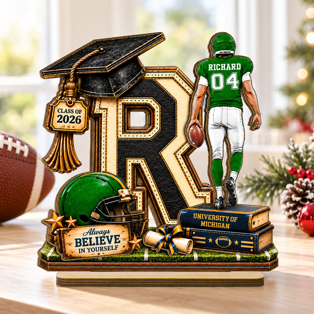 Football Graduation Custom Initial - Personalized 2-Layered Wooden Plaque - Class of 2026 Senior Gift, Christmas Gift for Son, Grandson, for Him