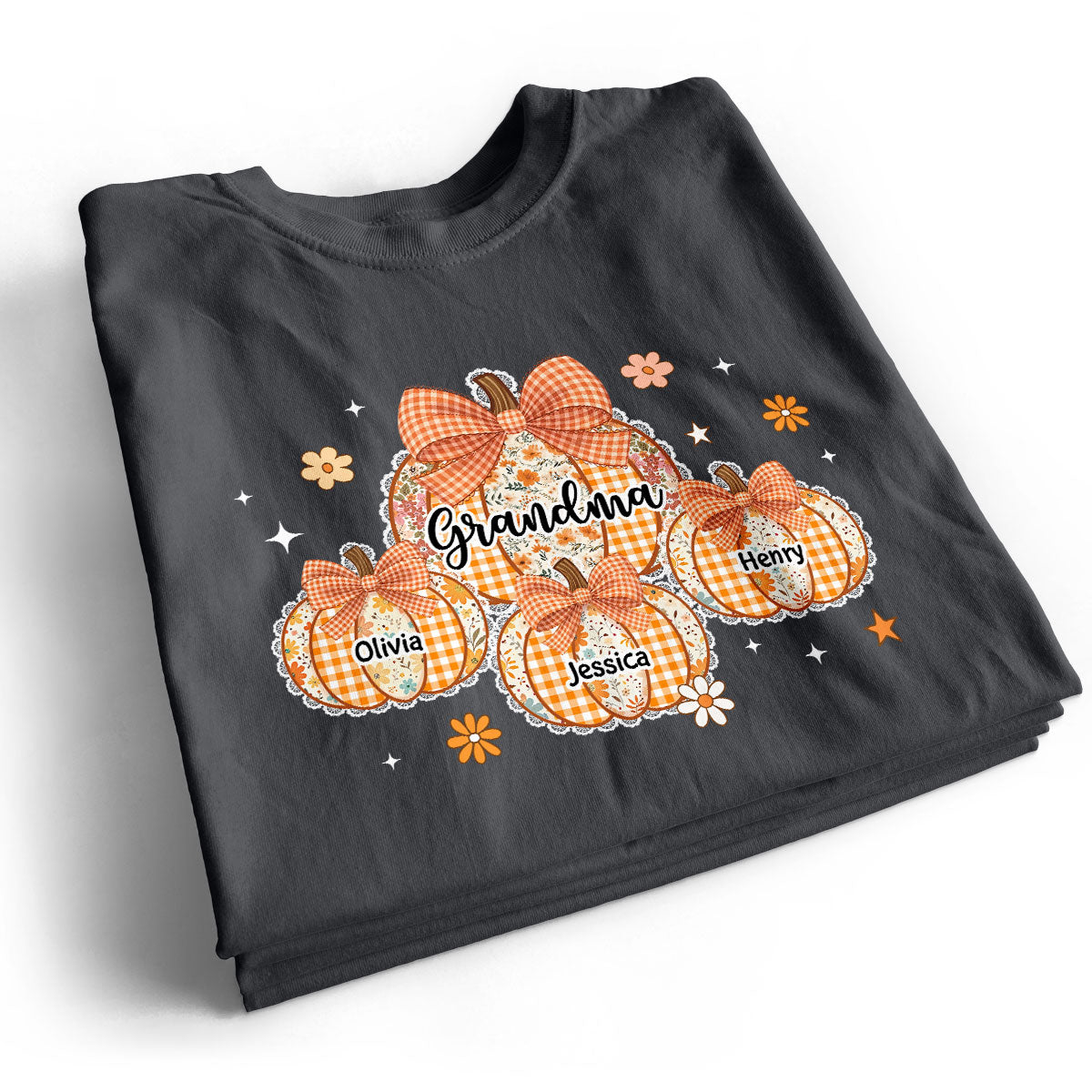 Lace Pattern Grandma Custom Pumpkins With Kids Names - Personalized Shirt - Gift For Grandmas, Fall Vibe Cozy Shirt