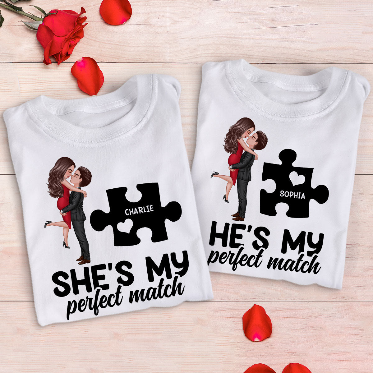 Couple Perfect Match Puzzle Couple Hugging Kissing Valentine‘s Day Personalized Matching Shirts [Set of 2 Shirts]