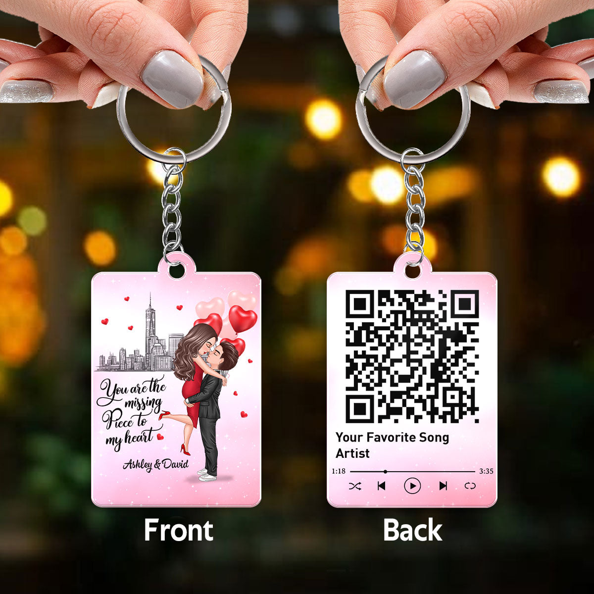 The Missing Piece Doll Couple Hugging Kissing Favorite Song Scannable QR Code Personalized Acrylic Keychain