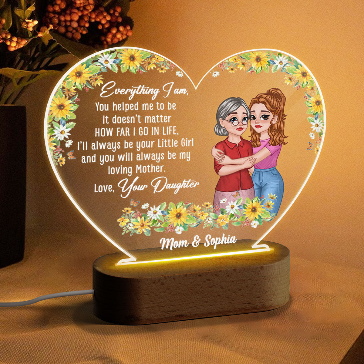 I‘ll Always Be Your Little Girl Mother Daughter Hugging Cartoon Personalized Acrylic Heart Plaque With LED Night Light