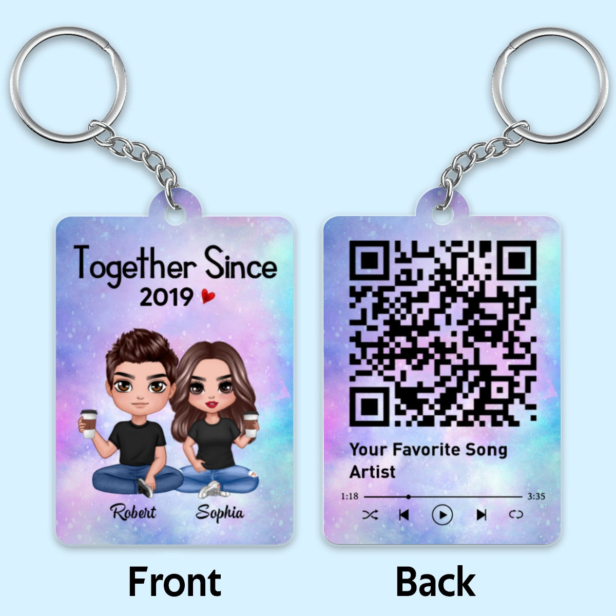 Doll Couple Sitting Together Since Favorite Song Scannable QR Code Personalized Acrylic Keychain