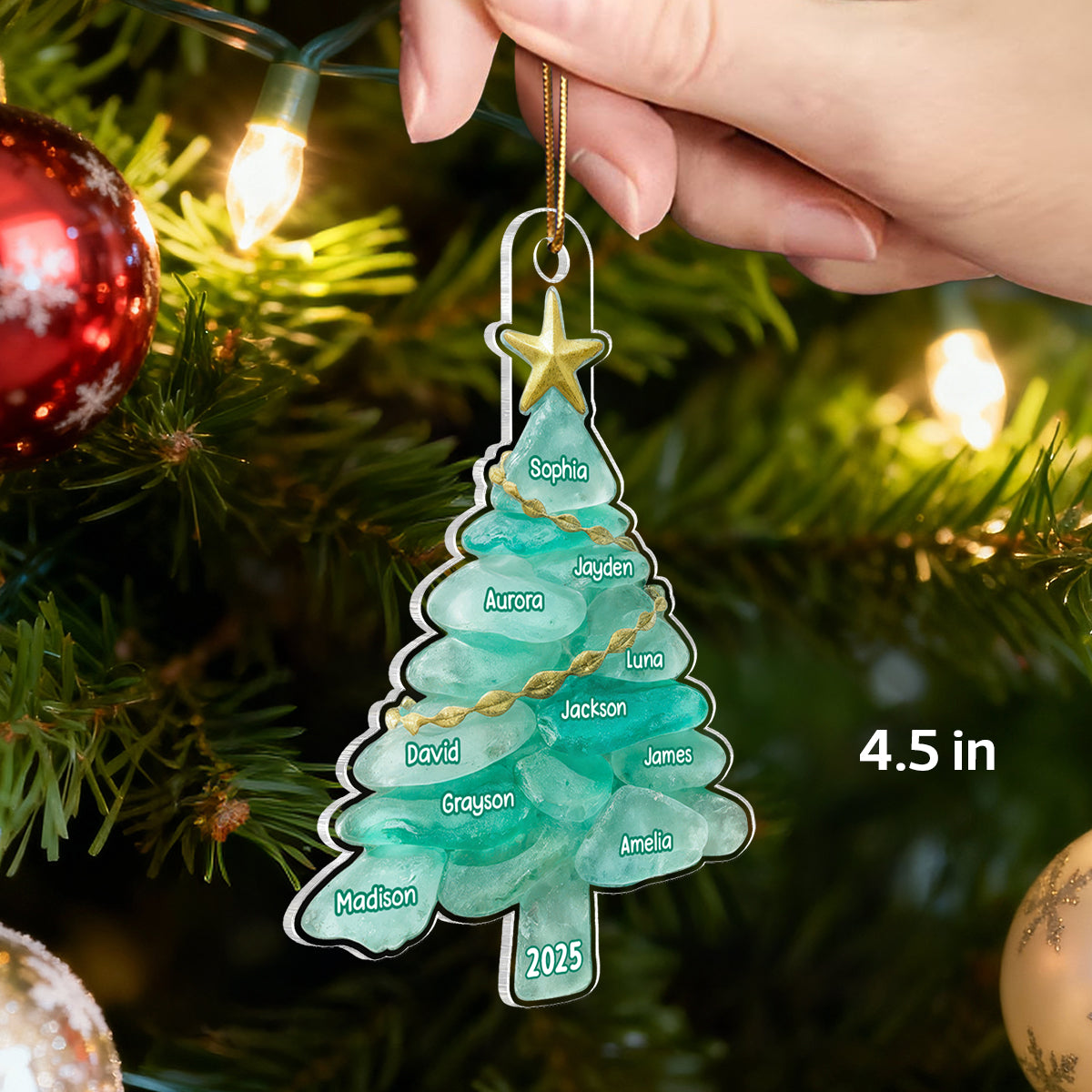 3D Sea Glass Effect Christmas Tree Family Member Name - Personalized Acrylic Ornament - Coastal Vibe Christmas Gift