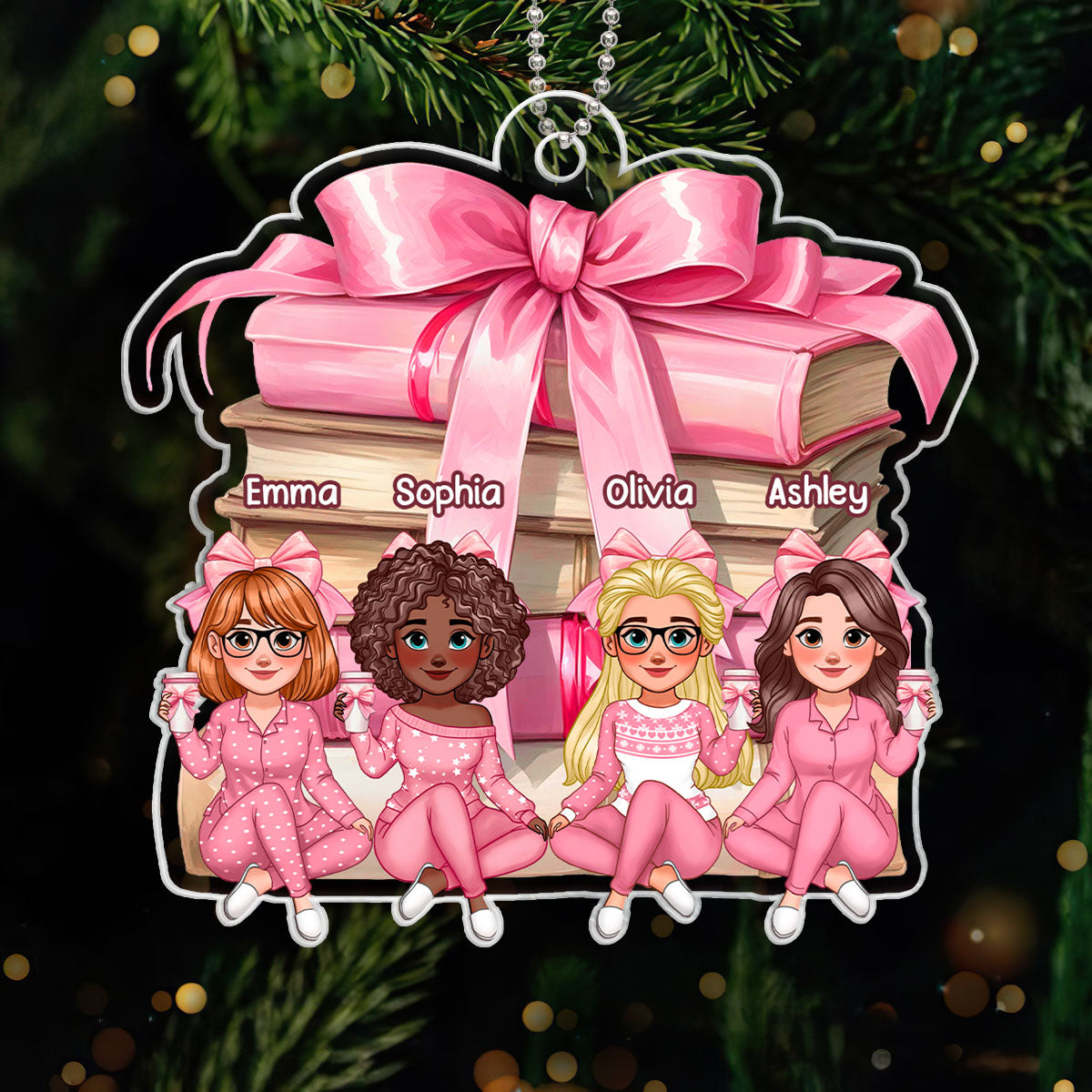 Coquette Stack of Book Besties Sitting Personalized Acrylic Ornament, Gift for Book Lovers