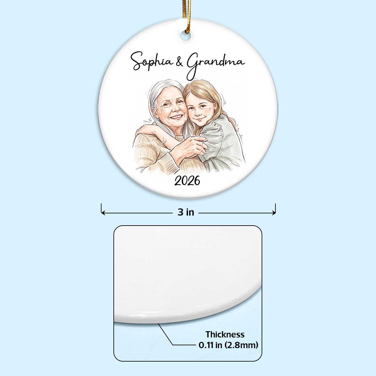 Custom Photo Grandma Grandkid Watercolor Style - Personalized Ceramic Ornament - Christmas Gift For Grandkids, Grandma