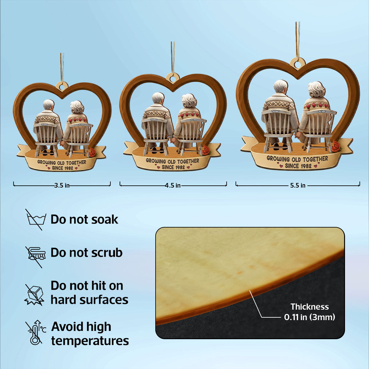 3D Back View Old Couple Growing Old Together - Personalized Wooden Ornament