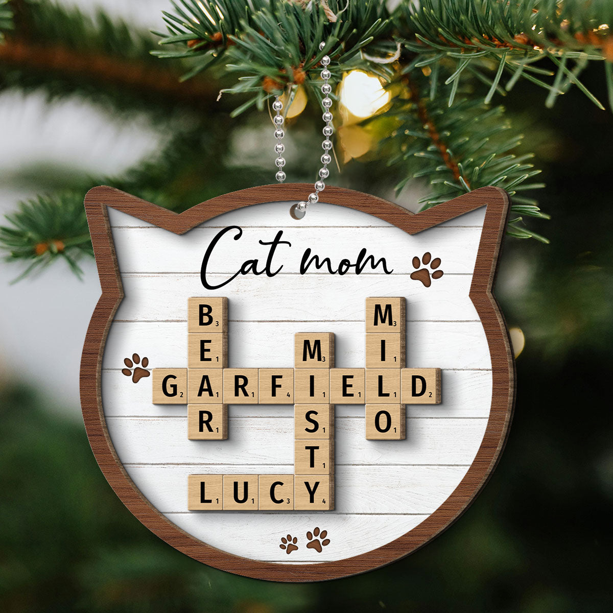 Cat Lover Gift Crossword Puzzle Art Personalized 2-Layer Wooden Ornament [Can add up to 20 cat names]