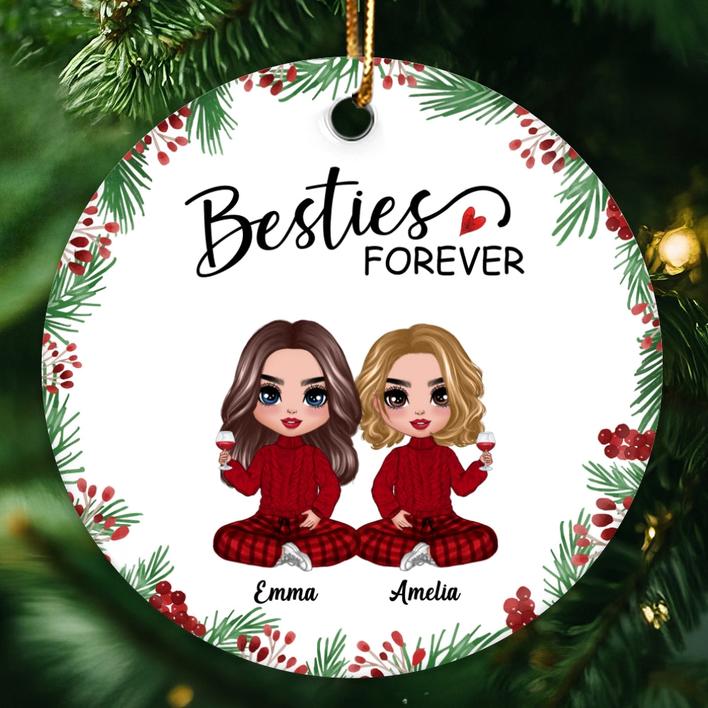Holly Branch Besties Sisters Checkered Pants Personalized Circle Ornament