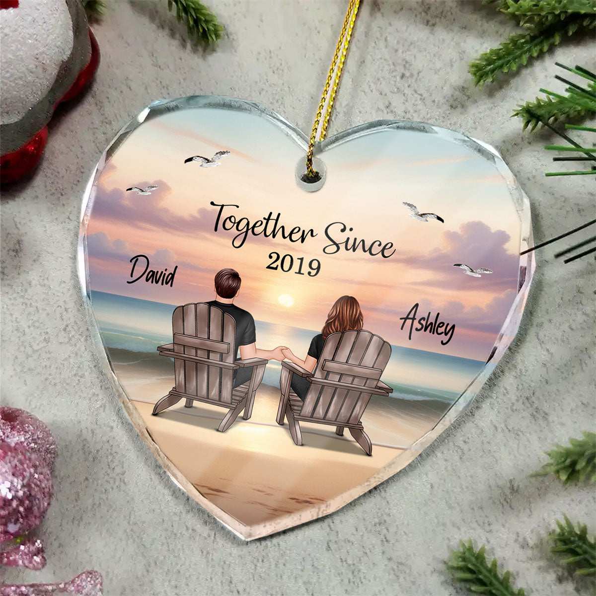Couple Sitting Eternal Sunset Beach Personalized Heart Glass Ornament, Heartfelt Christmas Gift For Girlfriend, For Wife