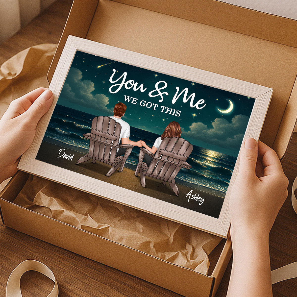 Night Beach Landscape Couple Sitting Back View Personalized Poster
