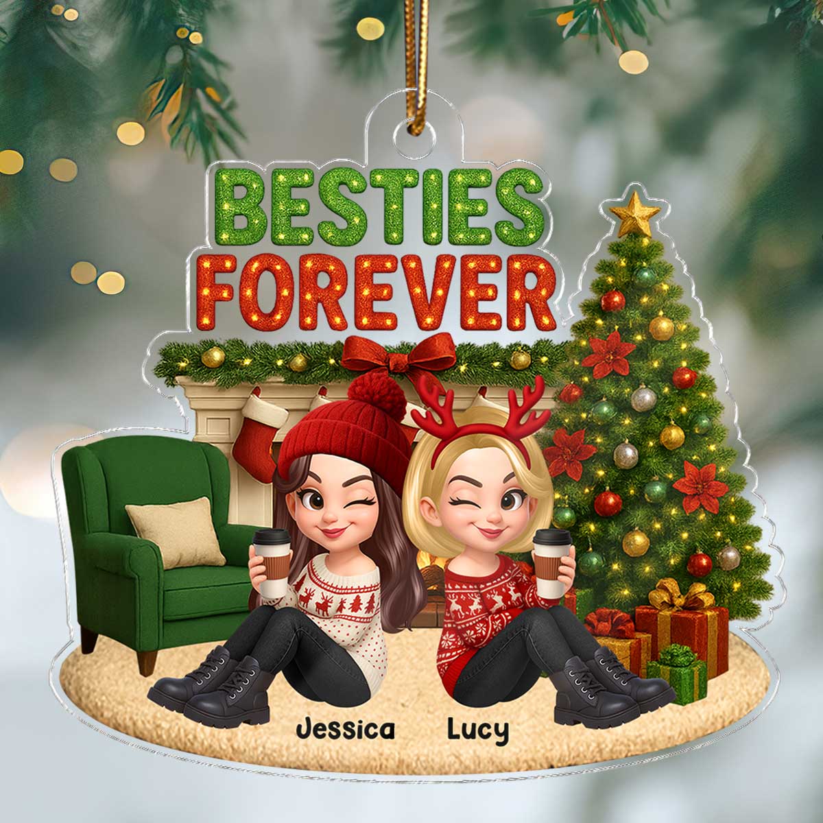 Christmas Besties Forever Cozy Fireplace - Personalized Acrylic Ornament - Gift For Best Friends