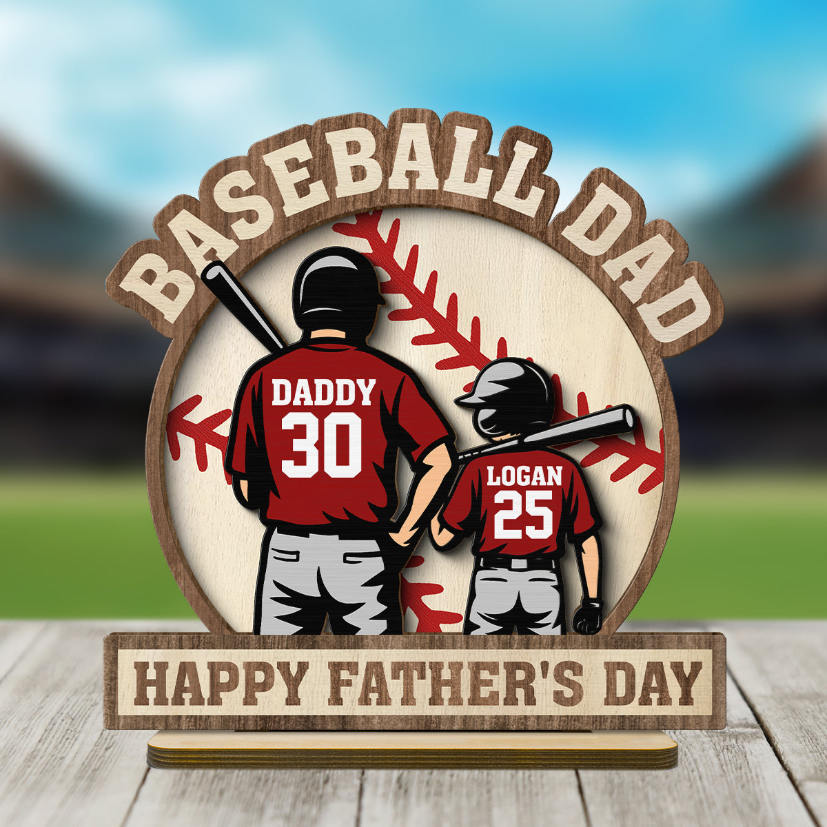 Baseball Family Back View Personalized 2-Layered Standing Wooden Plaque, Father's Day gift for Dad, for Husband