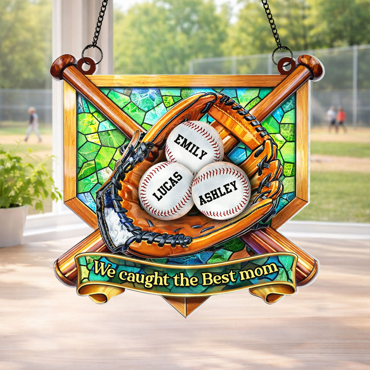 Baseball Glove We Caught the Best Mom - Personalized Suncatcher - Mother's Day Gift for Mom, Wife