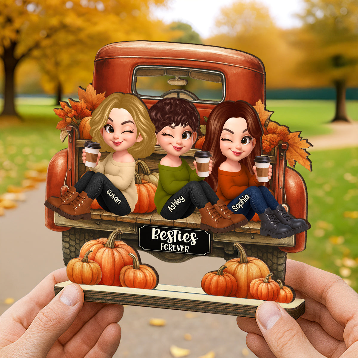 Besties Sitting on Fall Truck Personalized Standing Wooden Plaque, Cozy Fall Decor, Fall Gift for Best Friends