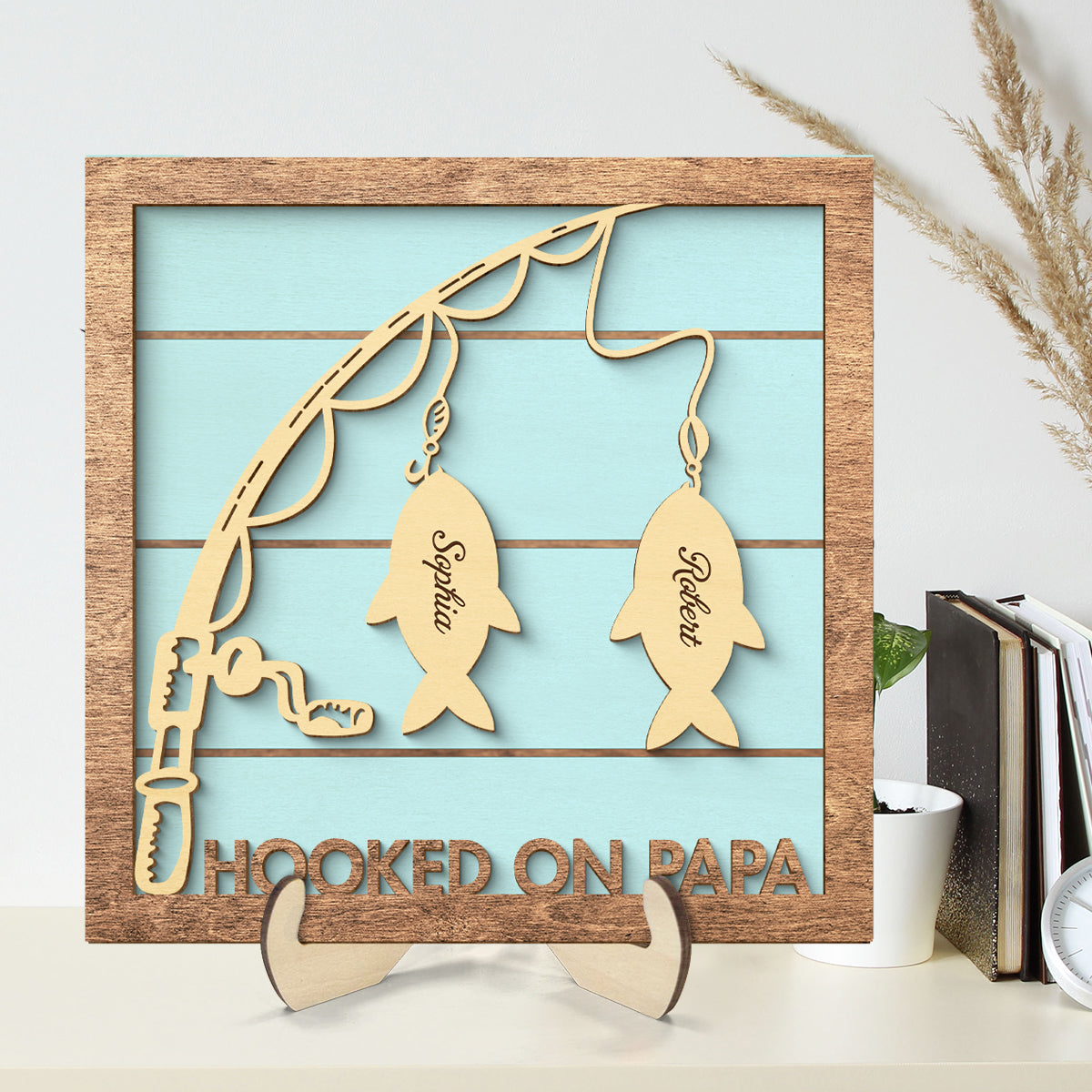 Hooked On Papa Fishing Grandpa Personalized 2-Layer Wooden Plaque
