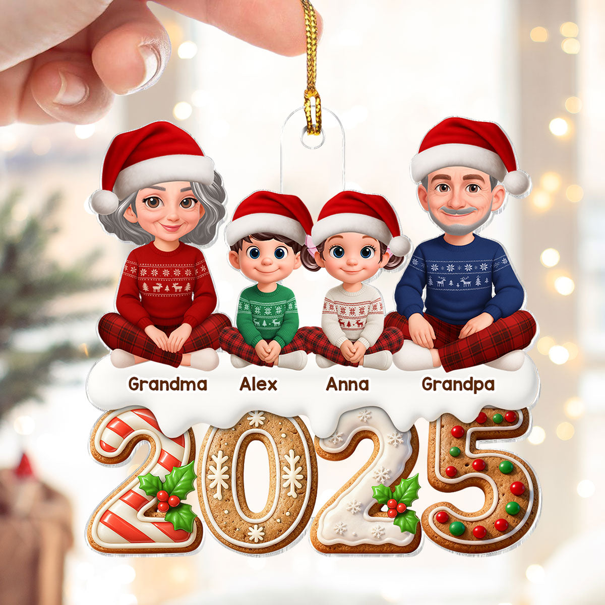 3D Effect Gingerbread Pattern Beautiful Grandma Grandpa Grandkids Together Christmas - Personalized Acrylic Ornament