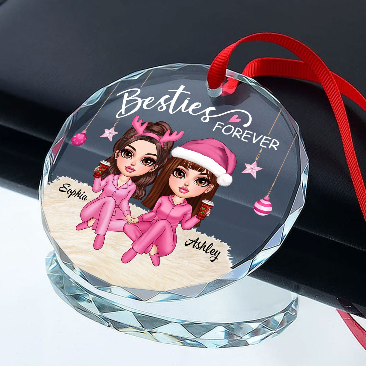 Besties Forever Pink Clothes Y2K Best Friends Personalized Glass Ornament, Friendship Christmas Gift