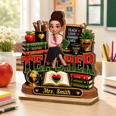 Teach Love Changes Life - Personalized 2-Layered Wooden Plaque - African American Teacher Appreciation Gift