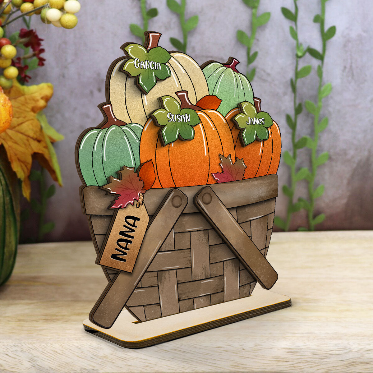 Pumpkin Fall Season For The Flower Basket Family Grandma Personalized 2-Layer Standing Wooden Plaque