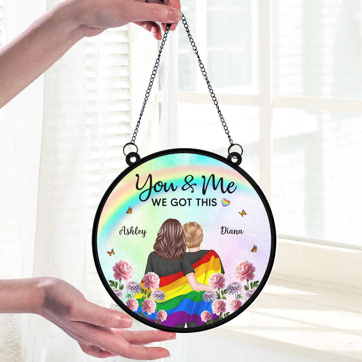 Pride Month LGBT Couple Birth Month Flowers Personalized Suncatcher, Gift For Couple