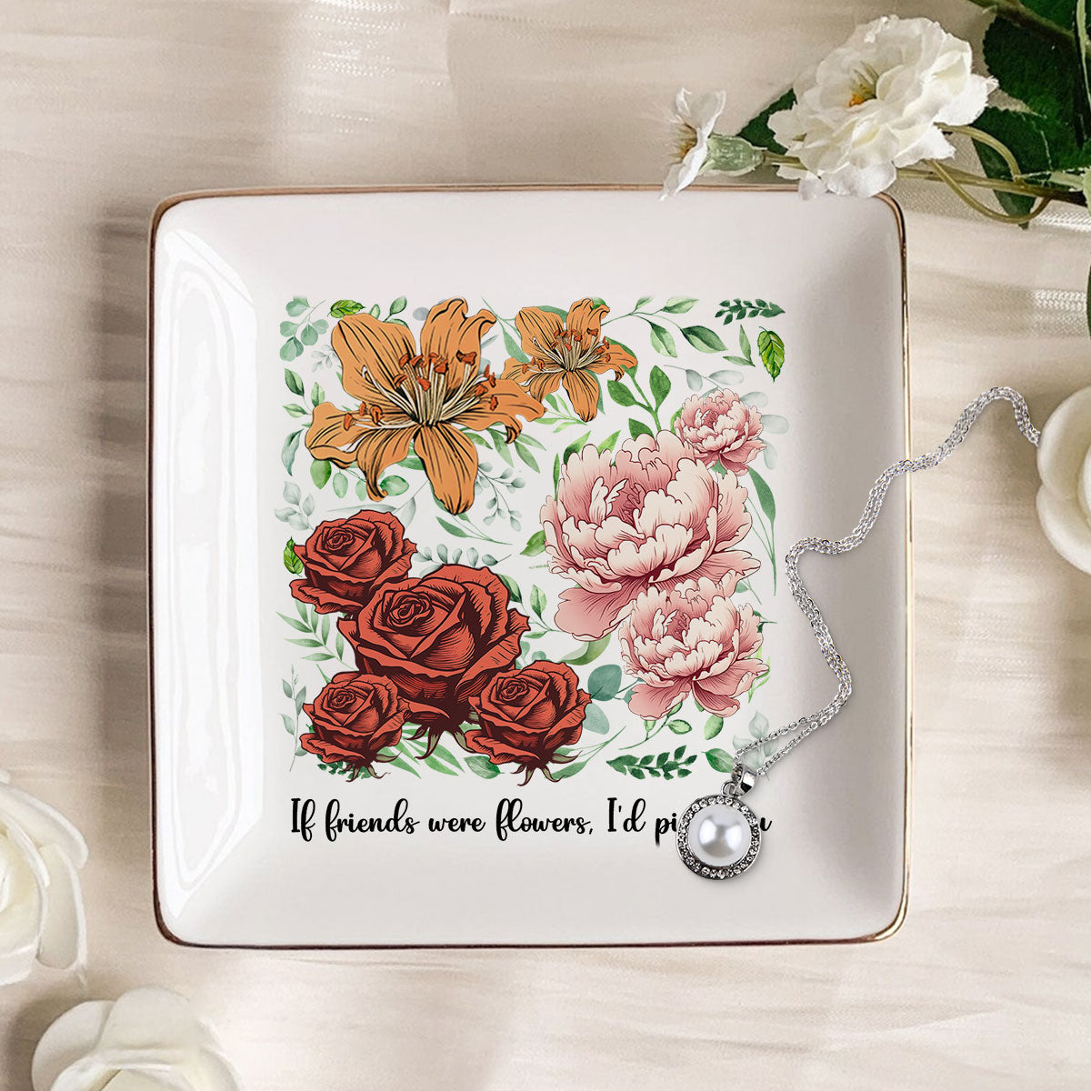 Sisters Besties In Bloom Birth Month Flowers Personalized Jewelry Dish