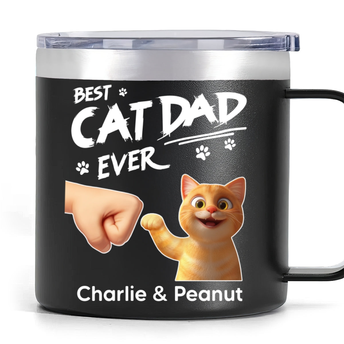 Best Cat Dad Ever Personalized Stainless Steel Tumbler With Handle, Unique 2025 Father's Day Gift For Cat Lovers