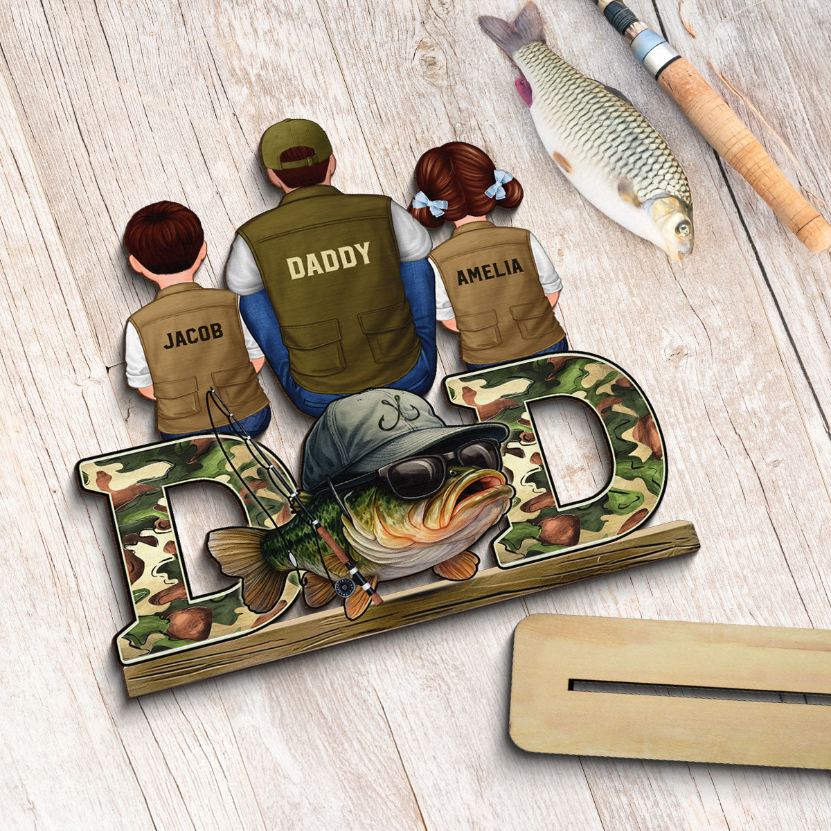 Fishing Dad And Kids Personalized 2-Layer Standing Wooden Plaque, Father’s Day gift for Dad, for Husband