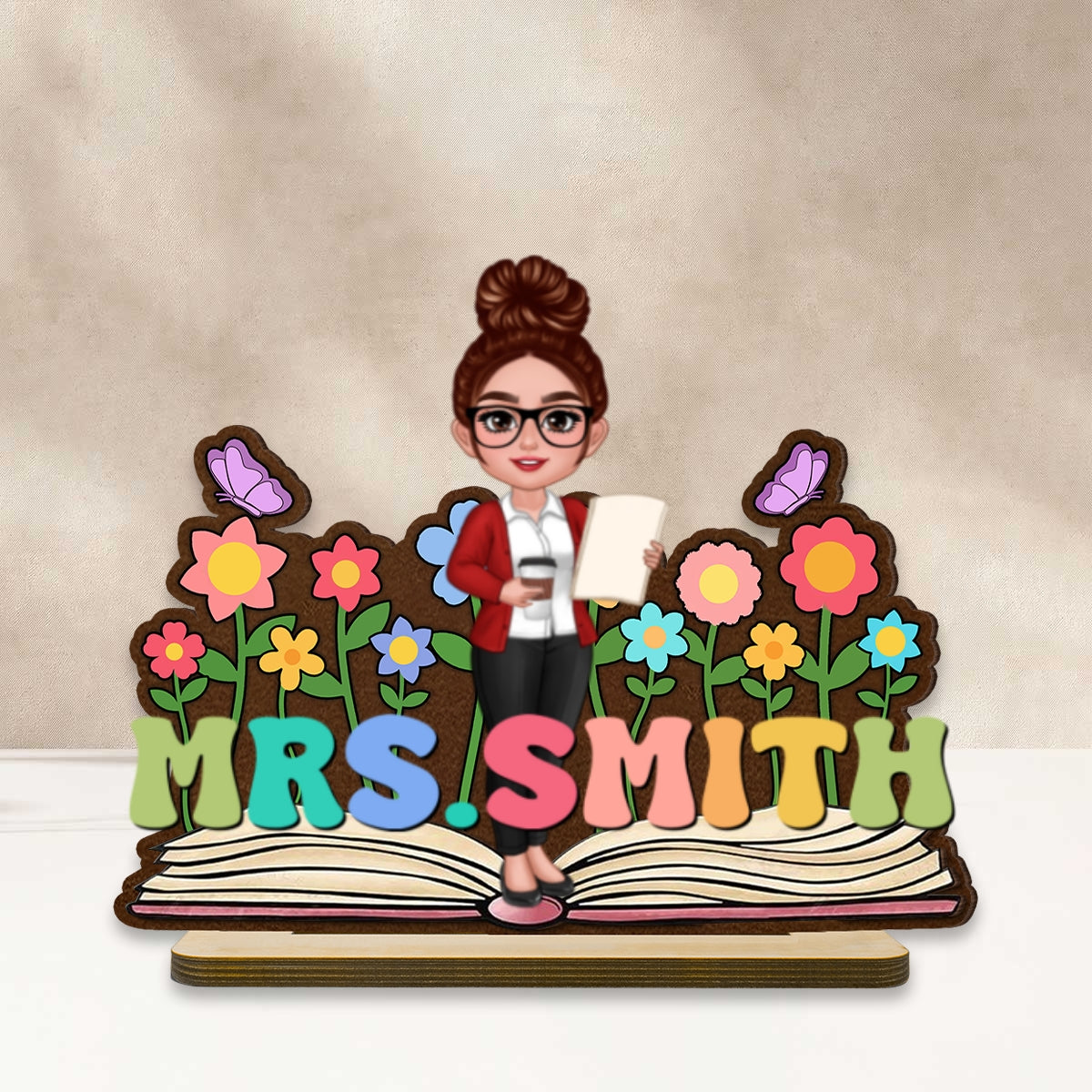 Teacher Flowers Book Personalized Standing Wooden Plaque, Back To School Gift for Teachers