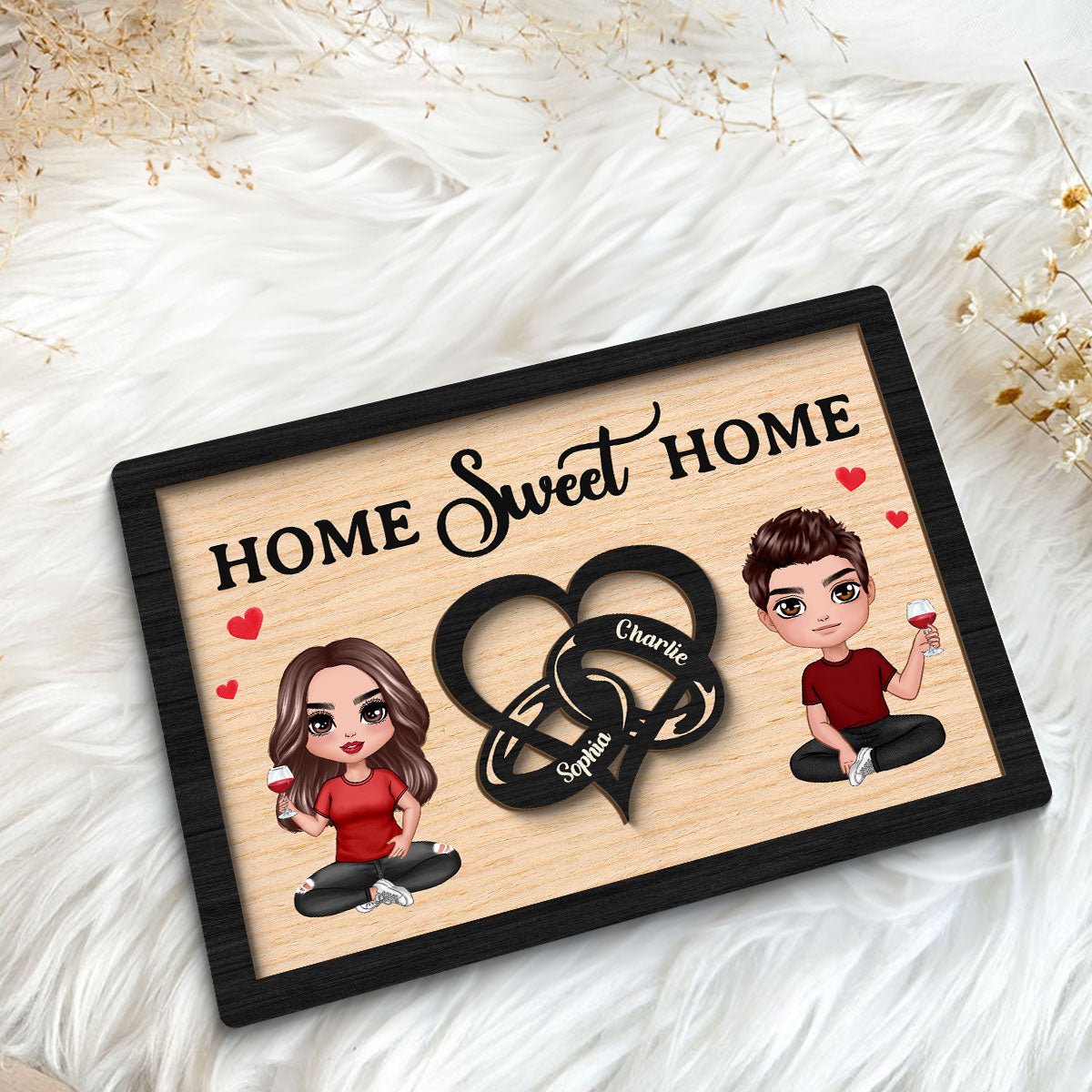 Doll Couple Heart Rings Valentine‘s Day Gift Personalized 2-layer Wooden Plaque