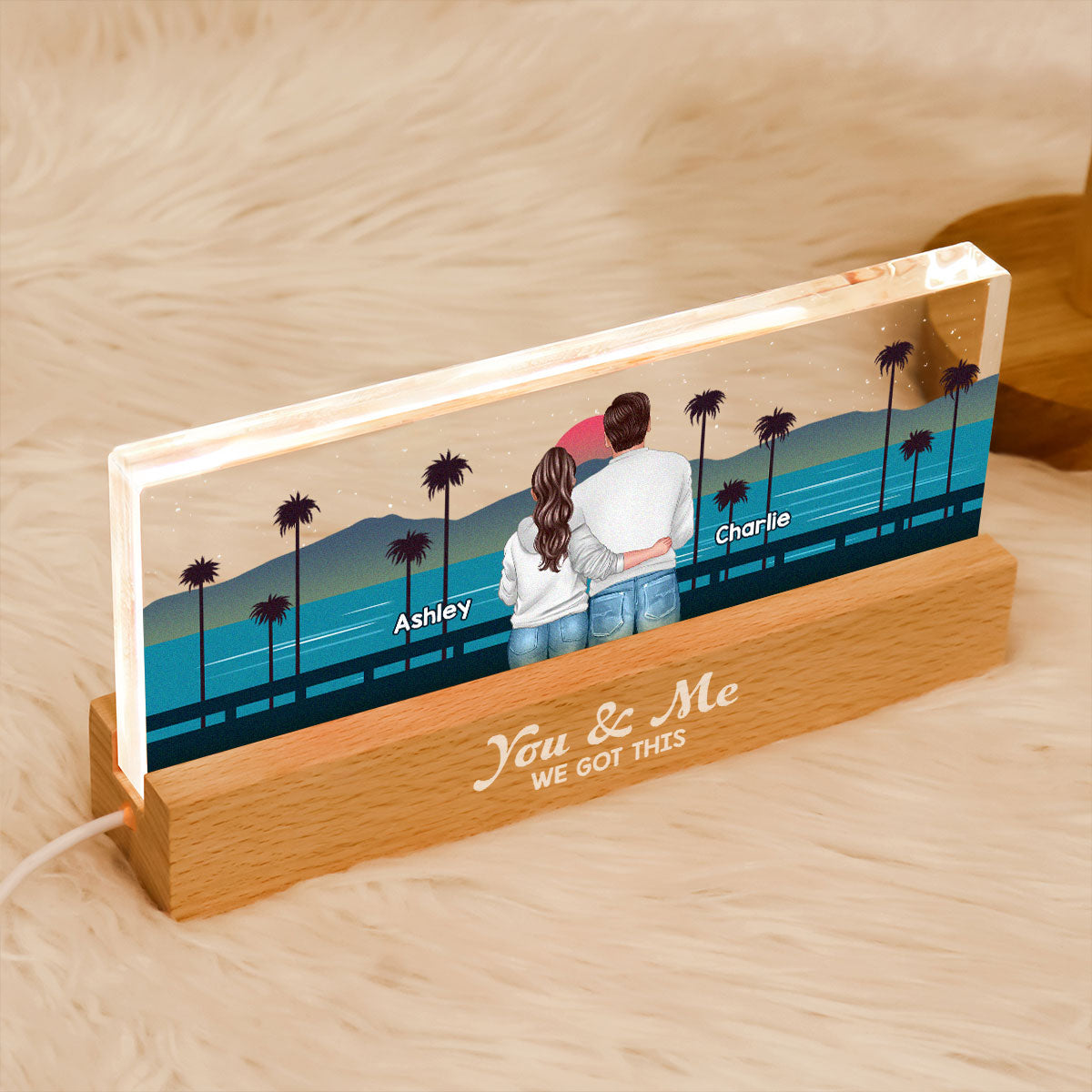 Retro Back View Couple Standing Hugging Personalized Acrylic Block LED Night Light