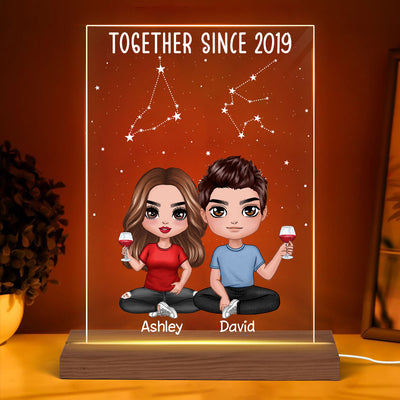Our Love Written In The Star Doll Couple Sitting Horoscope Zodiac Sign Personalized Rectangle Acrylic Plaque With LED Night Light - Valentine‘s Day Gift, Anniversary Gift - Gift For Her - Gift For Him