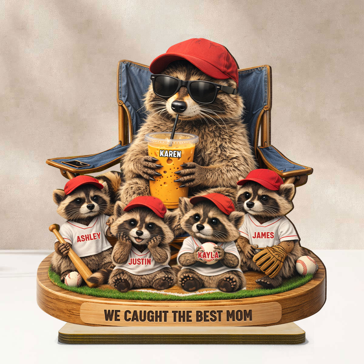 Raccoon We Caught the Best Mom - Personalized 2-Layered Wooden Plaque - Mother's Day Gift for Mom, Wife