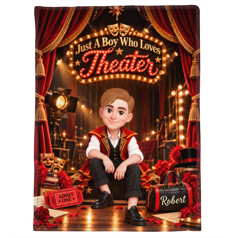 Just a Boy Who Loves Theater - Personalized Fleece Blanket - Christmas Gift for Son, Grandson