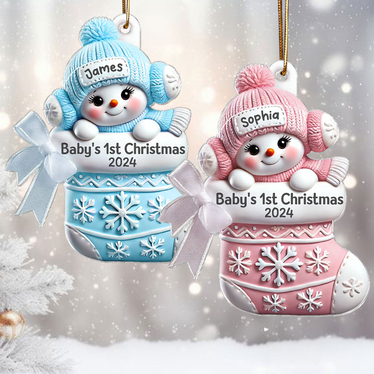 3D Effect Snowbaby On Stocking Baby's 1st Christmas Keepsake Personalized Acrylic Flat Ornament