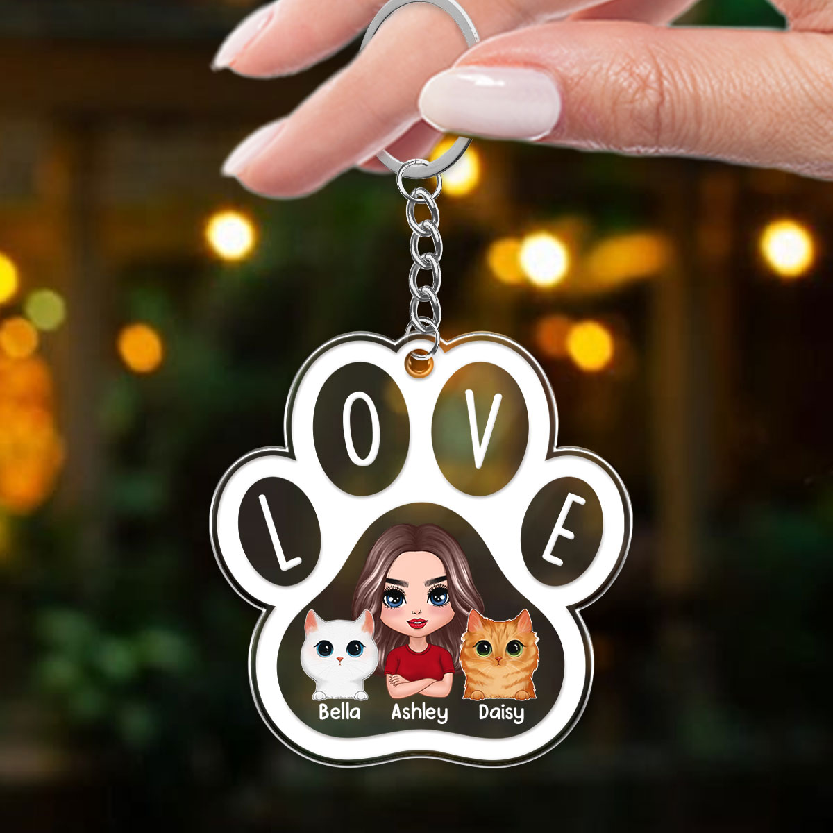 Doll Woman Man Peeking Watercolor Cute Cats Paw Shape Personalized Acrylic Keychain