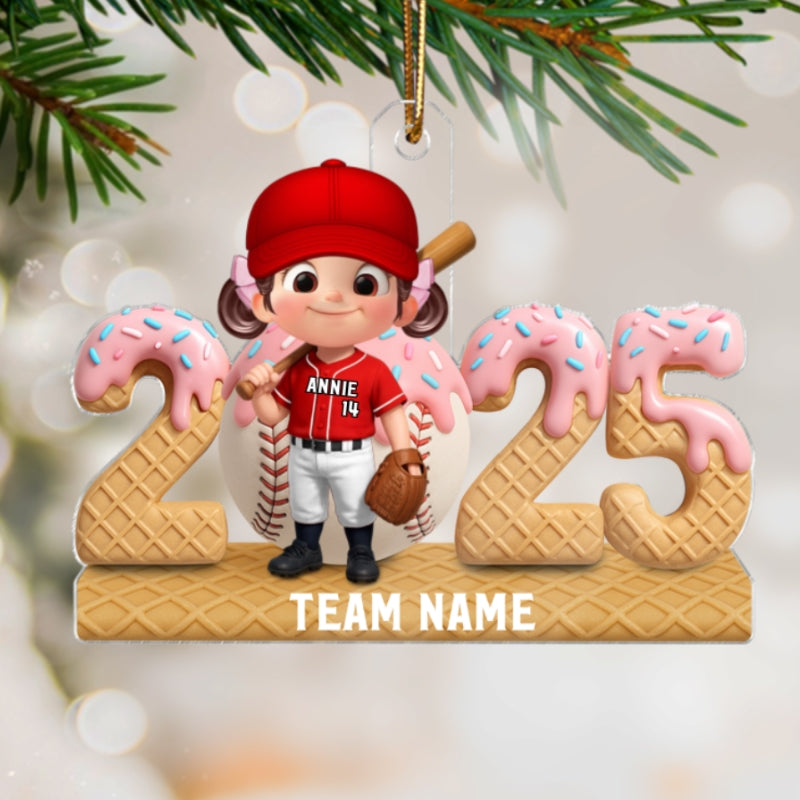 3D Effect Ice Cream Drip Sprinkles Kid Girl Boy Baseball Player - Personalized Acrylic Ornament - Christmas Gift For Kids, Granddaughter, Grandson, Daughter, Son