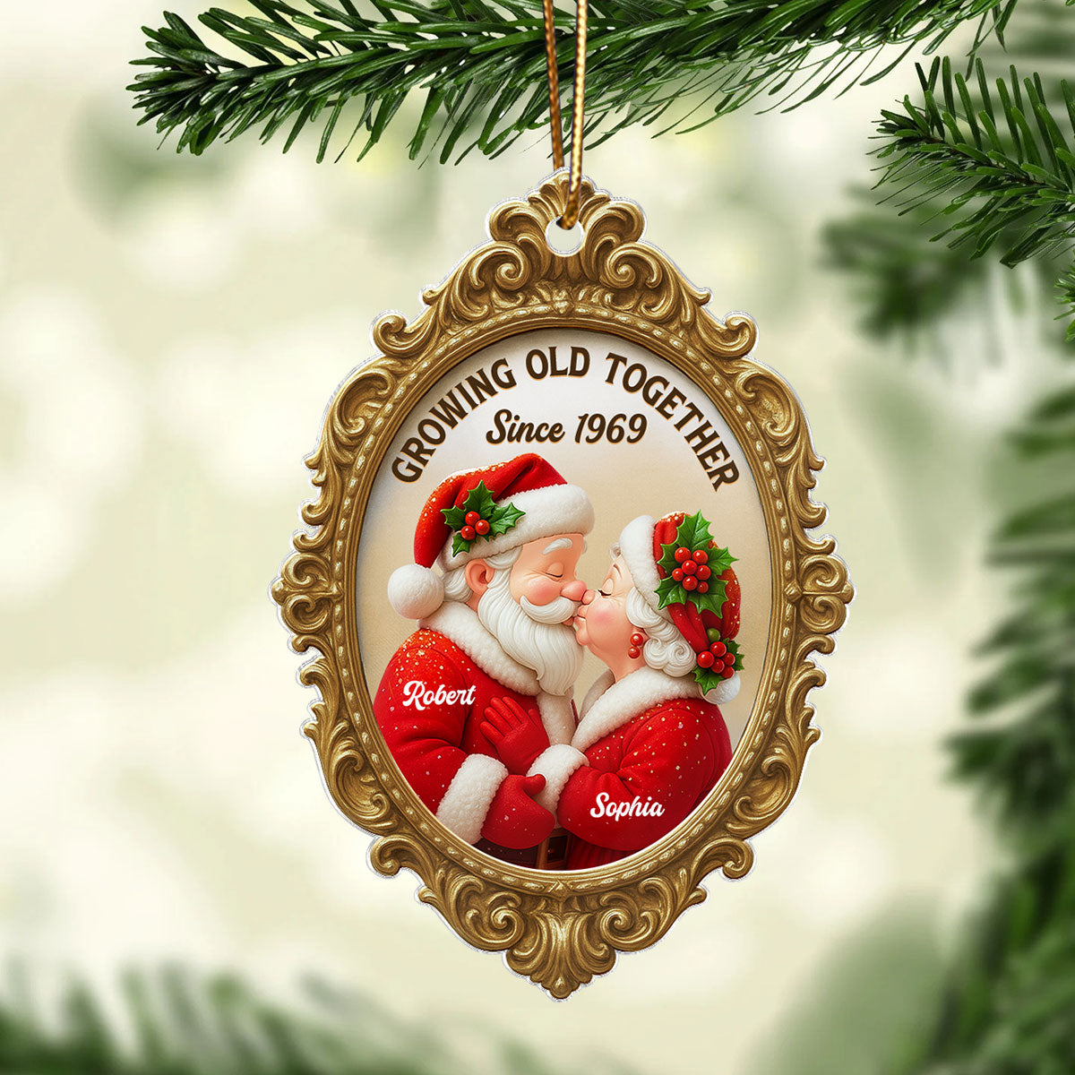 Vintage Golden Frame 3D Effect Mr Mrs Clause - Personalized Acrylic Ornament - Christmas Gift For Couples