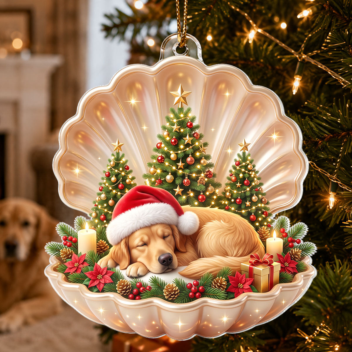 Dog Cat Sleeping in Pearl Shell - Personalized Acrylic Ornament - Christmas Gift for Pet Lovers