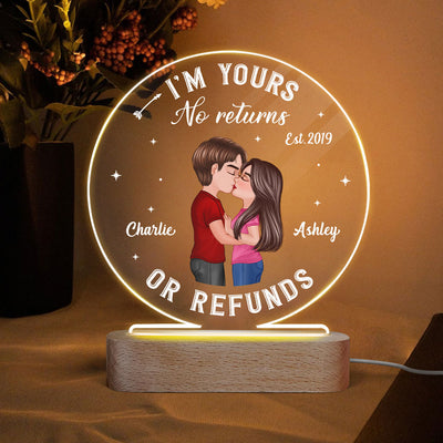 I‘m Yours No Returns Or Refunds Doll Couple Kissing Personalized Circle Acrylic Plaque With LED Night Light - Valentine‘s Day Gift - Anniversary Gift For Couple - Gift For Him - Gift For Her