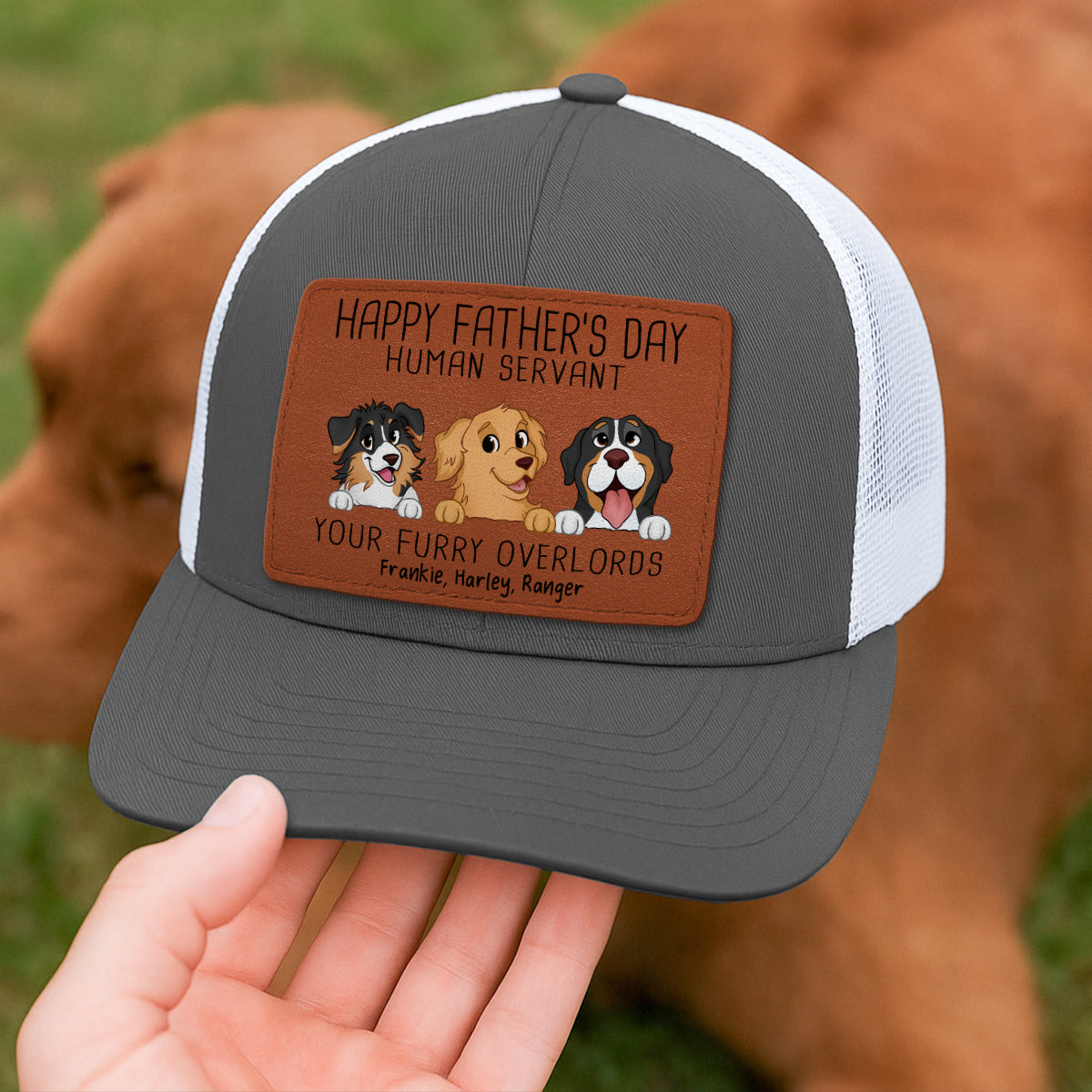 Happy Father‘s Day Human Servant Funny Cute Dogs Personalized Leather Patch Hat, Gift For Dog Dad