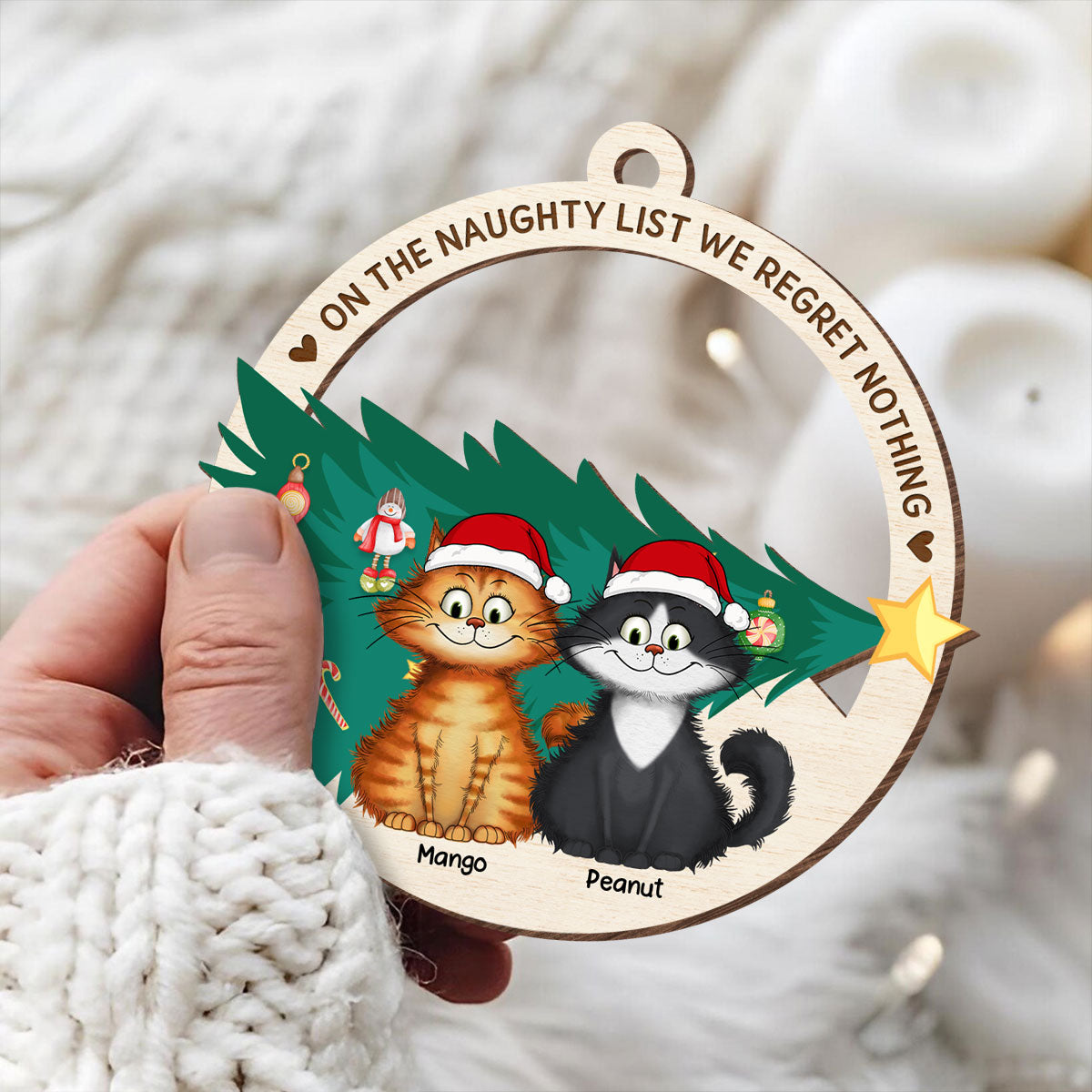 On The Naughty List We Regret Nothing Quirky Cat Wooden Ornament, Personalized Christmas Cat Ornament