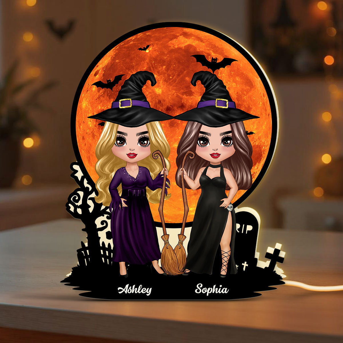 Witch Besties Under Halloween Moon Tabletop Wicca Pagan Decor Personalized Light Box, Halloween Decor