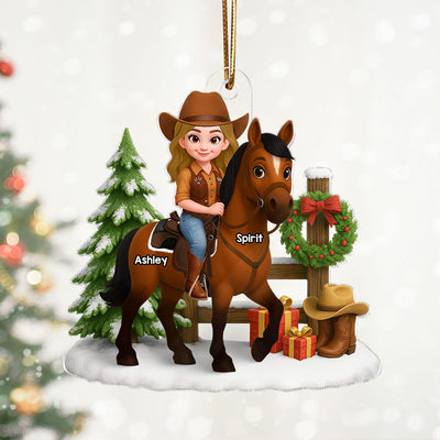 3D Effect Cowgirl and Her Horse Christmas - Personalized Acrylic Ornament